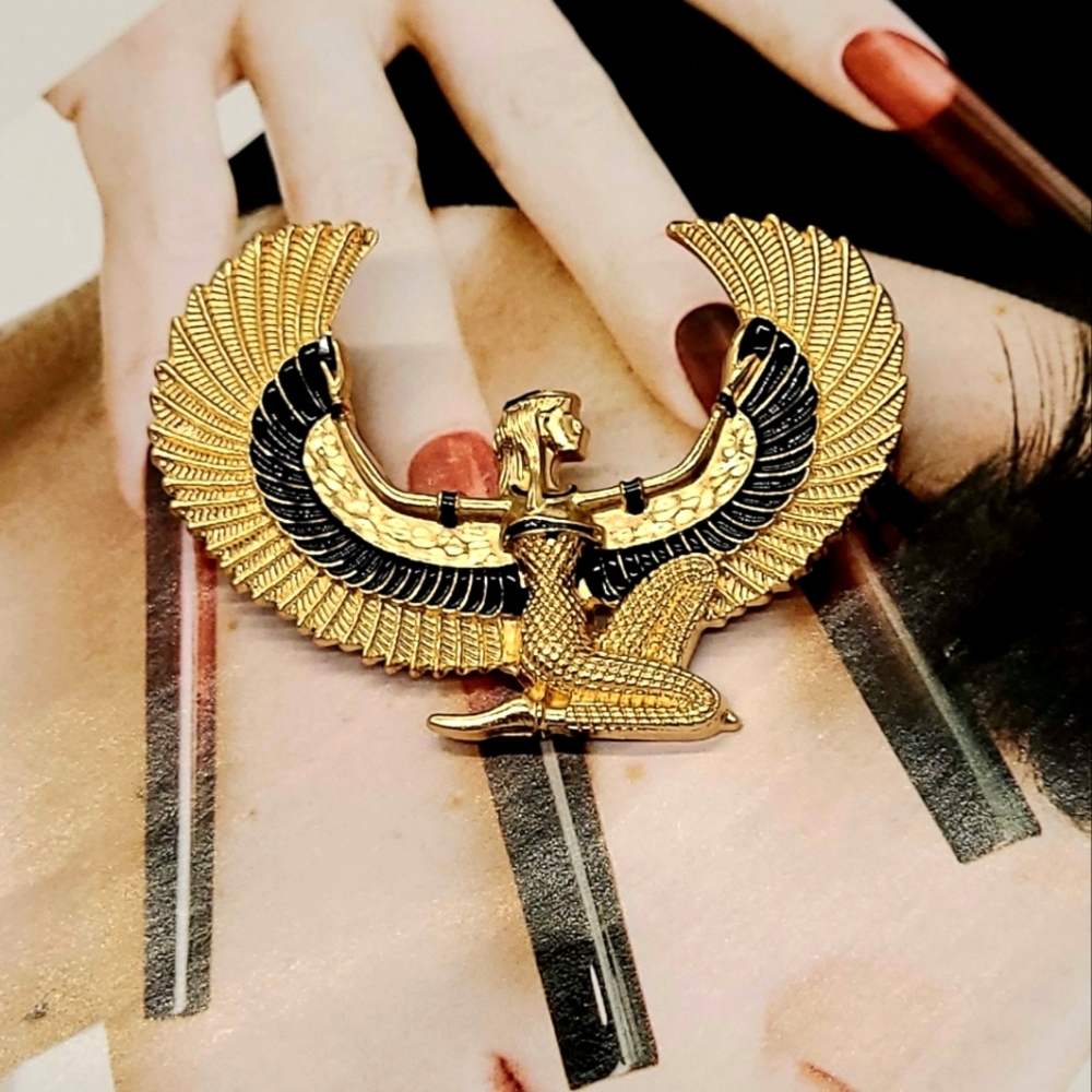 Vintage Egyptian Revival Ancient Goddess Ma'at Enamel Gold Brooch